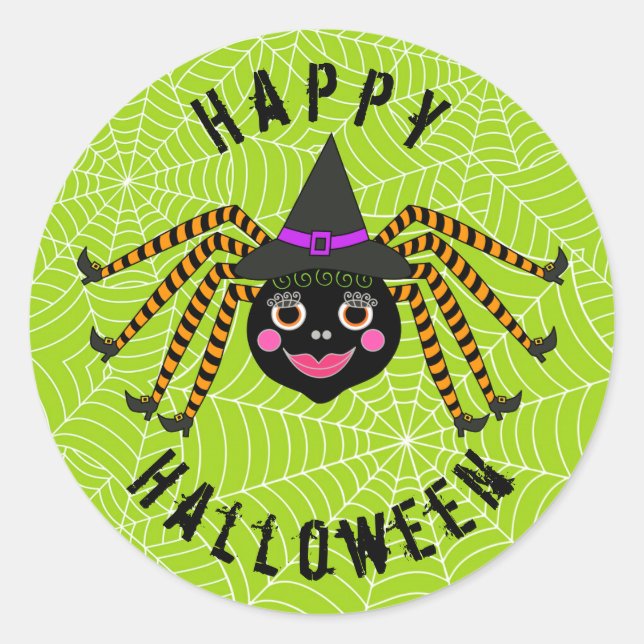 Pegatina Redonda Spider Witch Happy Halloween (Anverso)