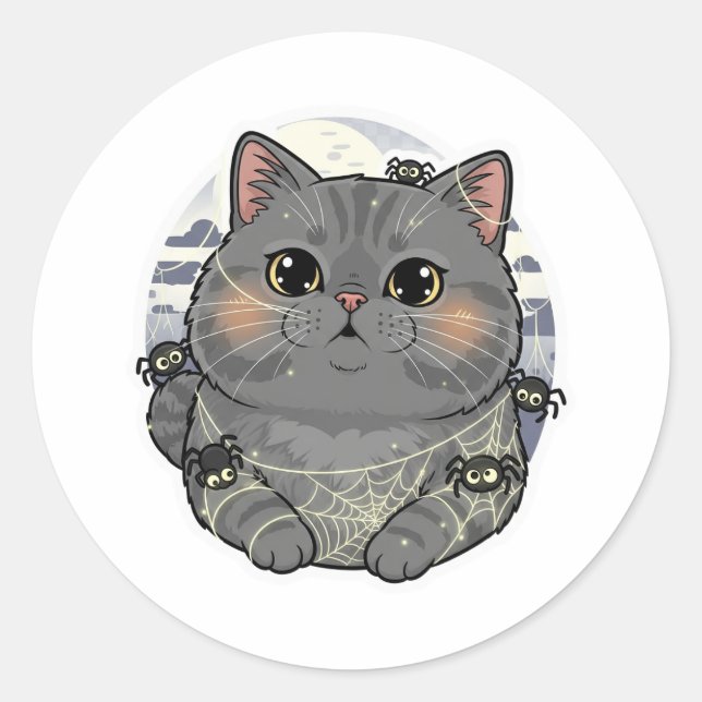 Pegatina Redonda Spiderweb Brit - Halloween del gato británico Shor (Anverso)