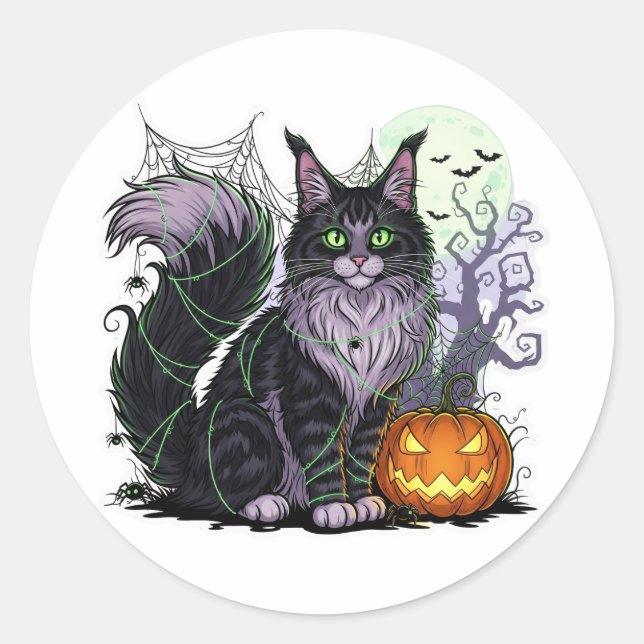 Pegatina Redonda Spiderweb Coon - Maine Coon Halloween (Anverso)