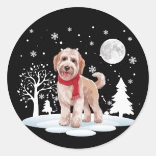 Pegatina Redonda Spinone Italiano Bajo la Luz de la Luna Nieve Navi