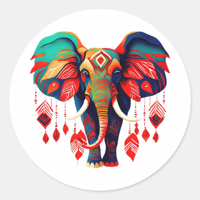 Pegatina Redonda Spiritual Elephant with Red Feathers (Anverso)