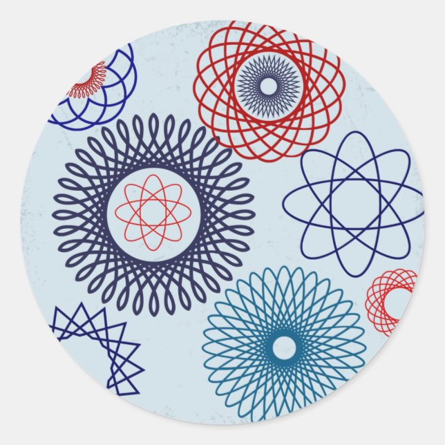 Pegatina Redonda Spirograph Funky Patrón Geométrico Rojo Azul (Anverso)