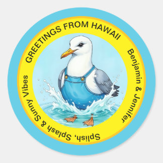 Pegatina Redonda Splish Splash fun Seagull summer Hawaii greetings