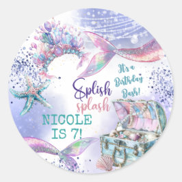 Pegatina Redonda Splish splash magia de la sirena cumpleaños bash