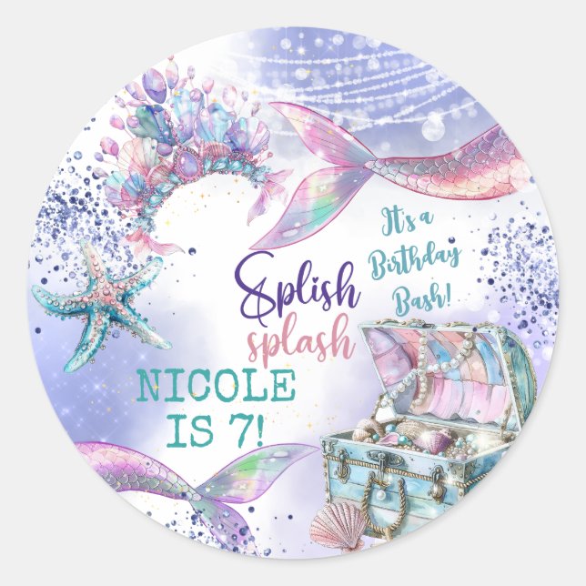 Pegatina Redonda Splish splash magia de la sirena cumpleaños bash (Anverso)