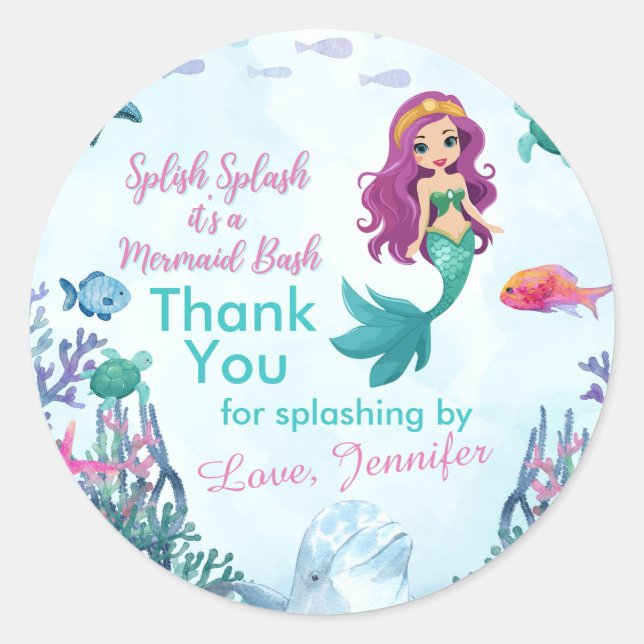 Pegatina Redonda Splish Splash Purple Mermaid Bash Gracias (Anverso)