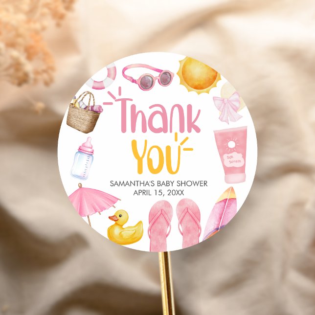 Pegatina Redonda Splish Splash Summer Baby Shower (Pink Splish Splash Baby Shower Sticker)