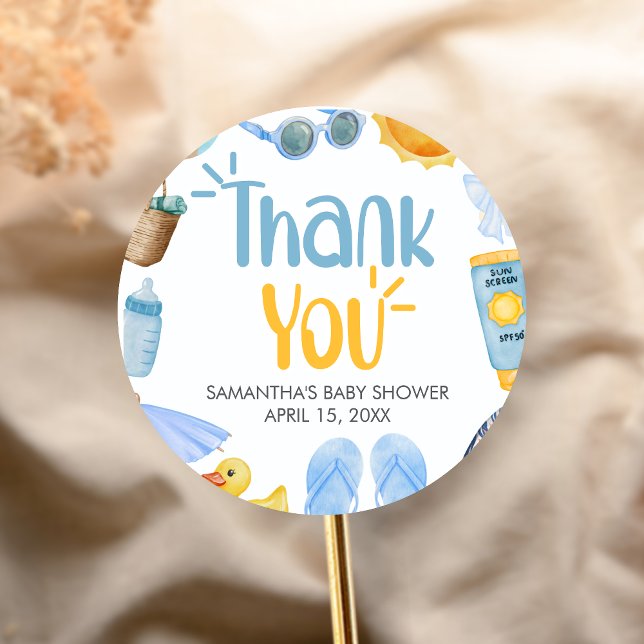 Pegatina Redonda Splish Splash Summer Baby Shower (Blue Splish Splash Baby Shower Sticker)