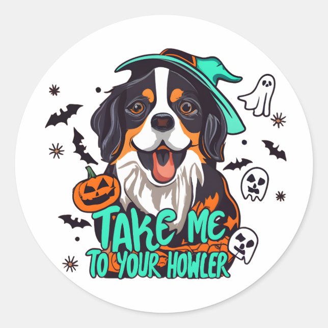 Pegatina Redonda Spooky Bernese Halloween: Llévame a tu Howler (Anverso)