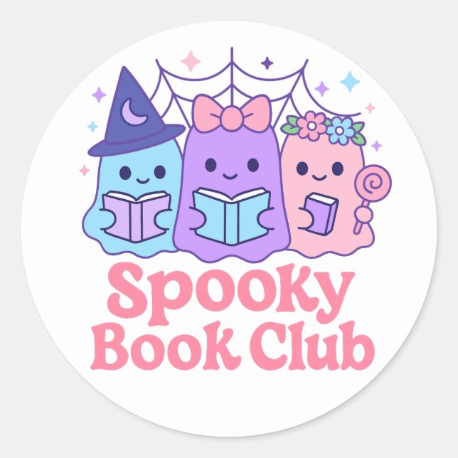 Pegatina Redonda Spooky Book Club Cute Ghost Reading (Anverso)