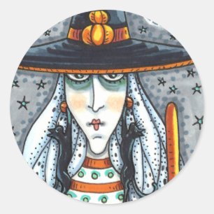 PEGATINA REDONDA SPOOKY HALLOWEEN WITCH, USANDO JOYAS DE GATO NEGRO