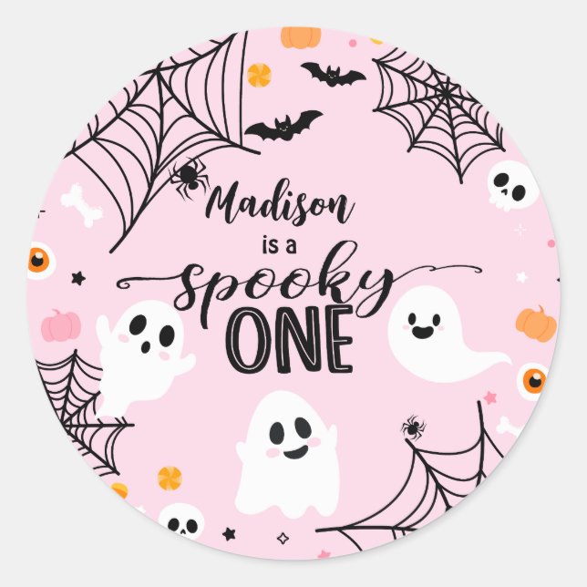 Pegatina Redonda Spooky One Pink Halloween Ghost (Anverso)