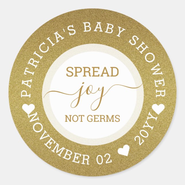 Pegatina Redonda Spread Joy Hand Sanitizer Gold Purpurina Baby Show (Anverso)