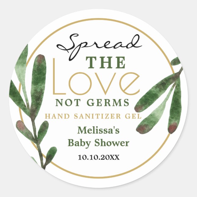 Pegatina Redonda Spread Love Greenery Baby Shower Sanitizer Favor (Anverso)