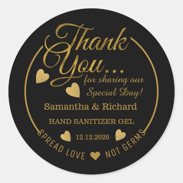 Pegatina Redonda Spread Love Hand Sanitizer Black Gold Gracias (Anverso)