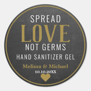 Pegatina Redonda Spread Love Hand Sanitizer Boda Gold Chalkboard