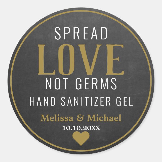 Pegatina Redonda Spread Love Hand Sanitizer Boda Gold Chalkboard (Anverso)