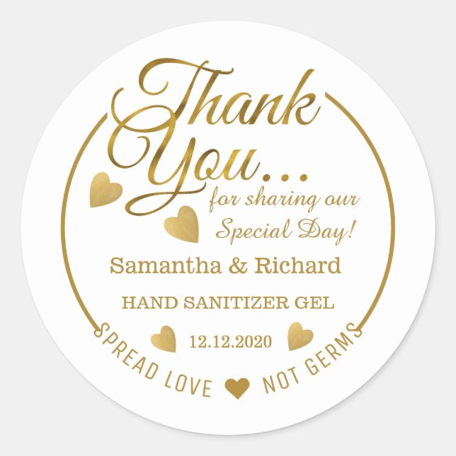 Pegatina Redonda Spread Love Hand Sanitizer Gold Gracias A Usted (Anverso)