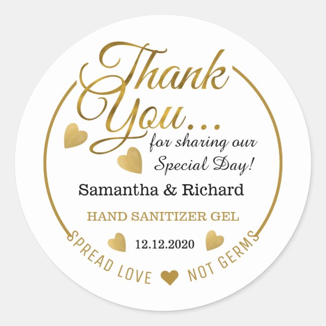 Pegatina Redonda Spread Love Hand Sanitizer Gold Gracias A Usted (Anverso)