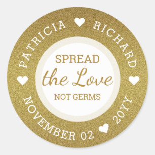 Pegatina Redonda Spread Love Hand Sanitizer Gold Purpurina Boda
