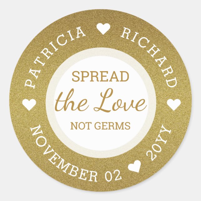 Pegatina Redonda Spread Love Hand Sanitizer Gold Purpurina Boda (Anverso)