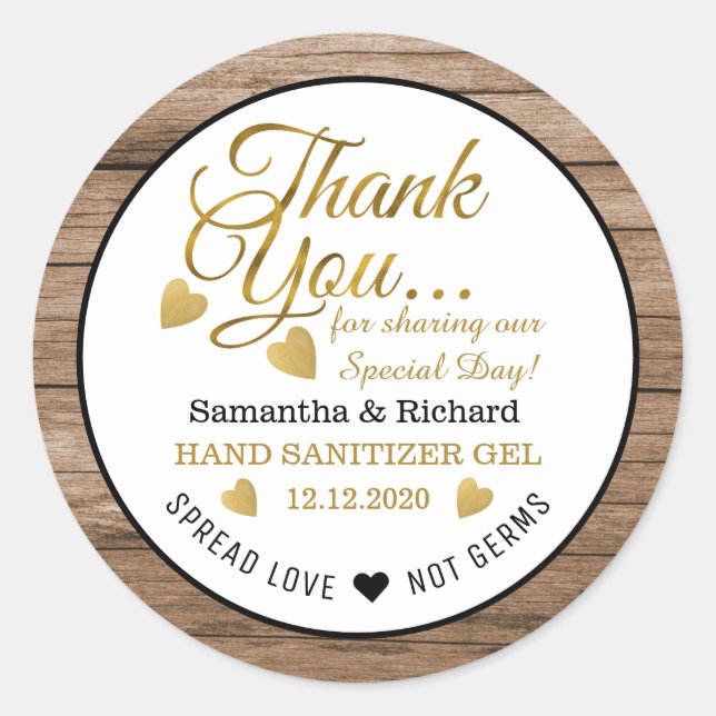 Pegatina Redonda Spread Love Hand Sanitizer Wood Gracias Por Favor (Anverso)