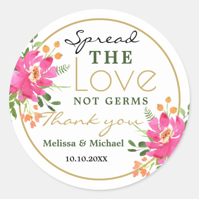 Pegatina Redonda Spread Love Sanitizer Floral Boda Gracias (Anverso)