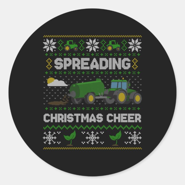 Pegatina Redonda Spreading Christmas Cheer Farming Tractor Ugly Swe (Anverso)