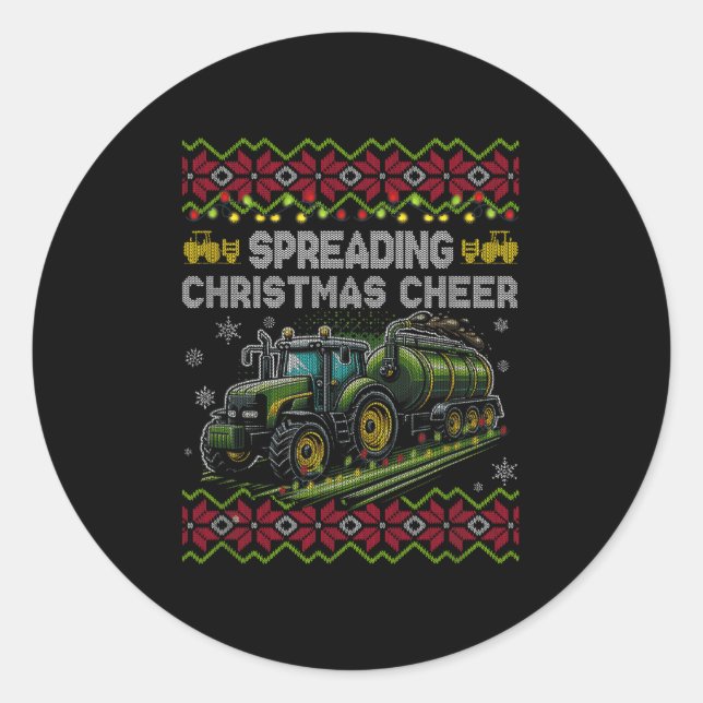 Pegatina Redonda Spreading Christmas Cheer Farming Tractor Ugly Swe (Anverso)