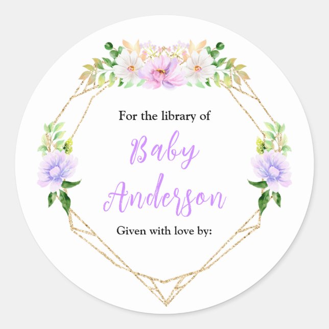 Pegatina Redonda Spring Purple Floral Baby Shower Bookplate (Anverso)