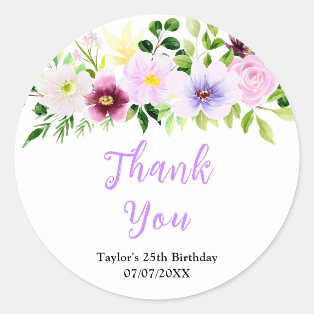 Pegatina Redonda Spring Purple Floral Birthday Party Thank You (Anverso)