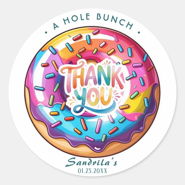 Pegatina Redonda Sprinkle Donut Thanks a Hole Bunch  (Anverso)
