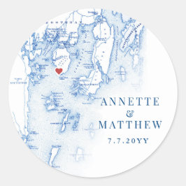 Pegatina Redonda Spruce Point Maine Map Elegant Blue Wedding Favor