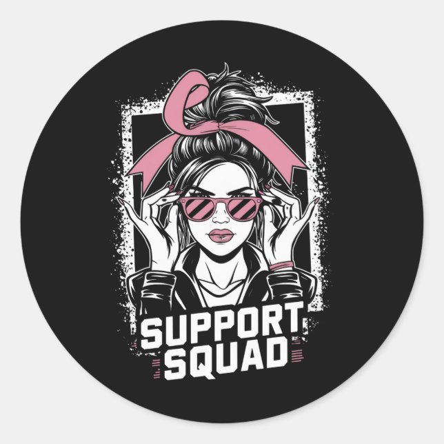 Pegatina Redonda Squad Messy Bun Guerrero Rosa Cáncer de Mama (Anverso)