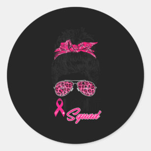 Pegatina Redonda Squad Messy Bun Guerrero Rosa Cáncer de Mama