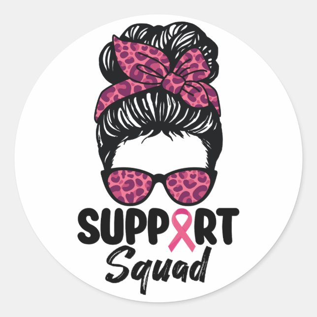 Pegatina Redonda Squad Messy Bun Guerrero Rosa Cáncer de Mama (Anverso)