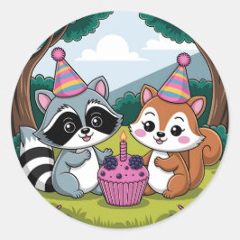 Pegatina Redonda Squirrel and Raccoon cute Birthday
