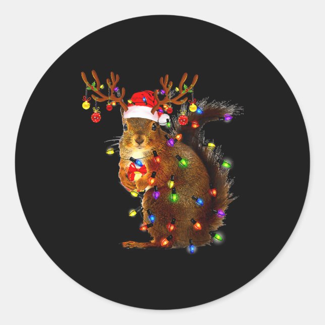 Pegatina Redonda Squirrel Christmas Tree Lights Reindeer Santa Hat  (Anverso)