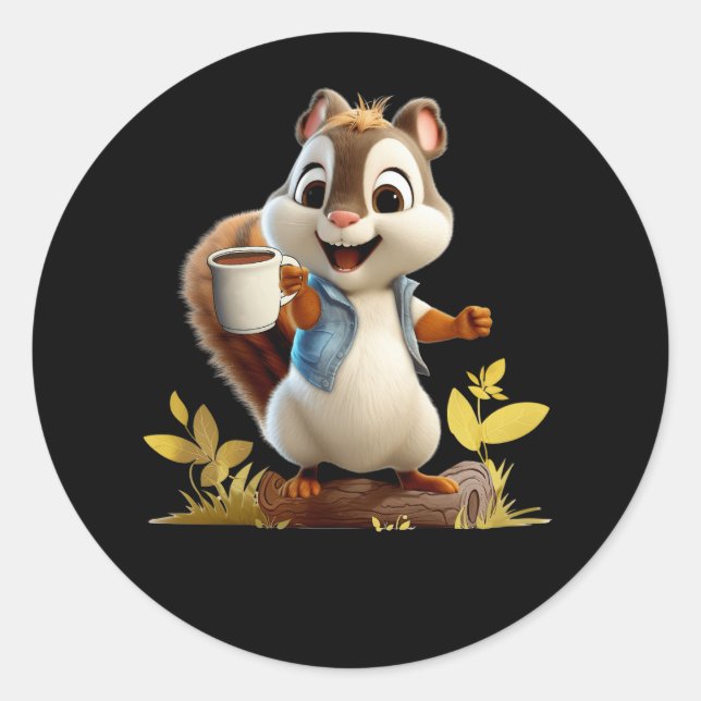 Pegatina Redonda Squirrel Coffee Funny Coffee Drinking Squirrel (Anverso)