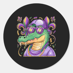 Pegatina Redonda Sr. Gator Mardi Gras Vibes Louisiana Crocodile Mar