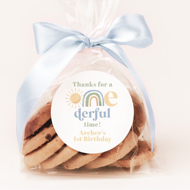 Pegatina Redonda Sr. Onemaravillosos Rainbow Boys 1er cumpleaños Gr (Mr Onederful Thank You Stickers. Matching items available.)