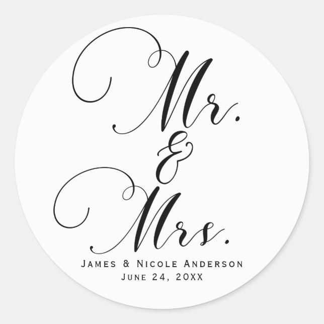 Pegatina Redonda Sr. y la Sra. Black White Script Custom Wedding Fa (Anverso)