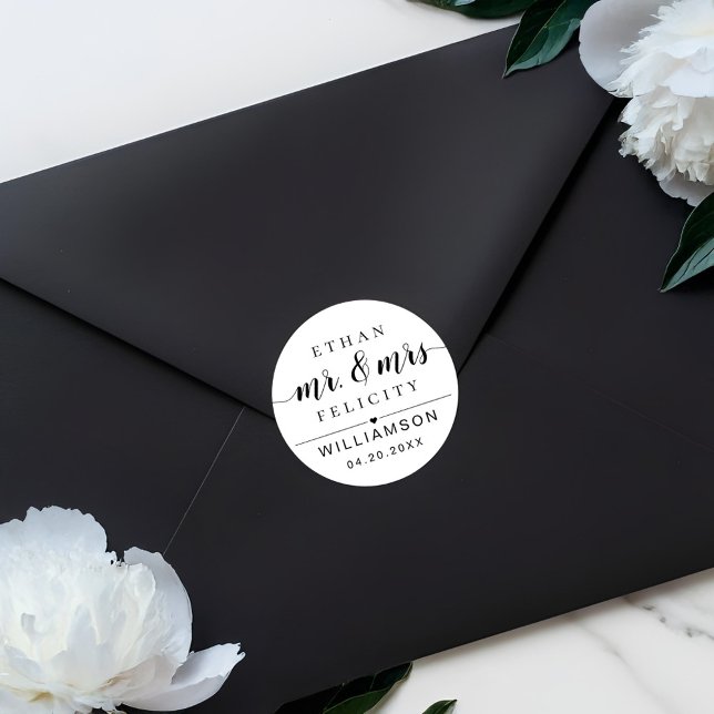 Pegatina Redonda Sr. y la Sra. | Novia mínima y Boda negro groom (Mr. & Mrs. | Minimal Bride & Groom Black Wedding Classic Round Sticker)