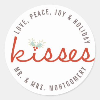 Pegatina Redonda Sr. y Sra. 1st Navidades Mistletoes Boda de vacaci