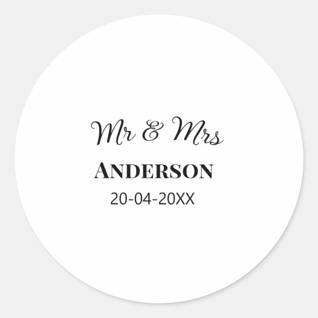 Pegatina Redonda Sr. y Sra. añada apellido fecha año de boda favor  (Anverso)