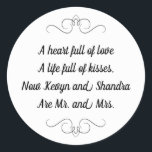 Pegatina Redonda Sr. y Sra. Boda Kisses Poem<br><div class="desc">Este encantador pegatina de Mr. y Mrs. round presenta un poema encantador personalizado con los nombres de la novia y el novio. Este sería un pegatina perfecto para acentuar una caja de favores sosteniendo Hershey Kisses.</div>