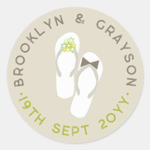 Pegatina Redonda Sr y Sra Green Flores Chanclas Boda de Playa