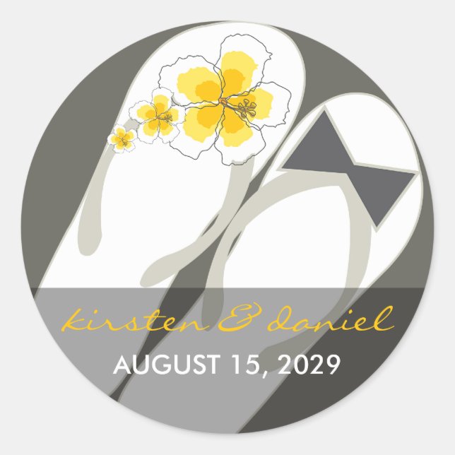 Pegatina Redonda Sr. y Sra. Pink Hibiscus Flip Flops Beach Wedding (Anverso)