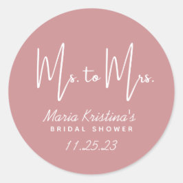 Pegatina Redonda Sra. a la Sra. Bridal Shower Calligraphy Pink