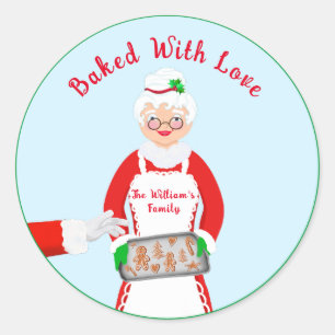Pegatina Redonda Sra. Claus Gingerbread Cookies Horneadas Con Amor